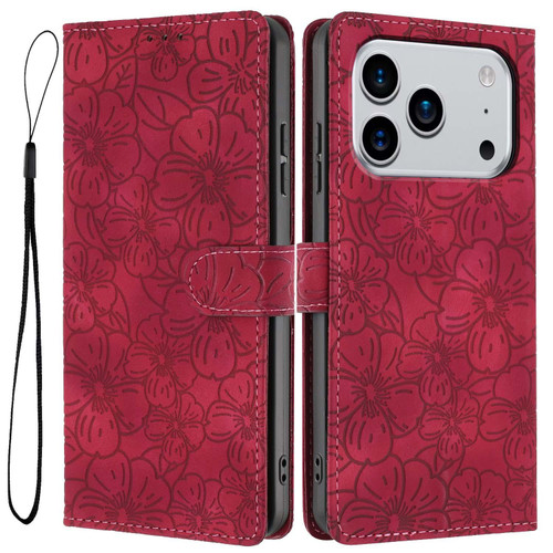 iPhone 17 Pro Max Cherry Blossoms Embossed Leather Phone Case - Red