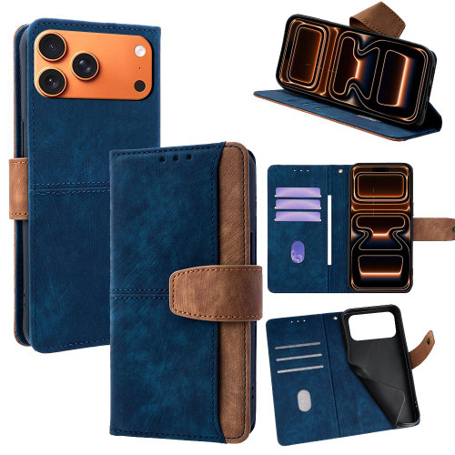 iPhone 17 Pro Max Color Stitching Skin Feel Leather RFID Blocking Phone Case - Blue