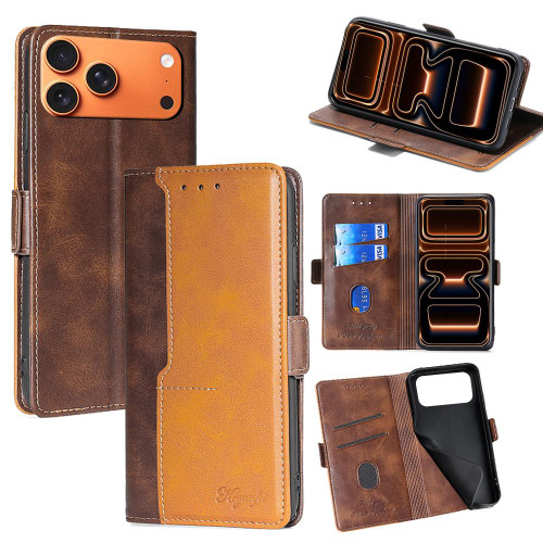iPhone 17 Pro Max Contrast Color Side Buckle Leather Phone Case - Dark Brown + Gold