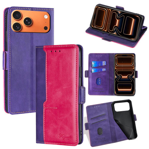 iPhone 17 Pro Max Contrast Color Side Buckle Leather Phone Case - Purple + Rose Red