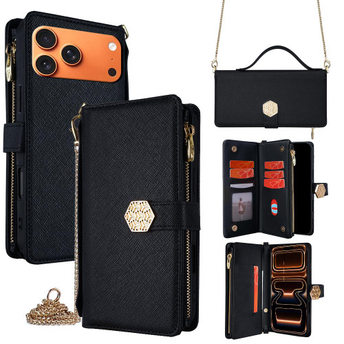 iPhone 17 Pro Max Crossbody Handle Cross Texture Leather Phone Case - Black