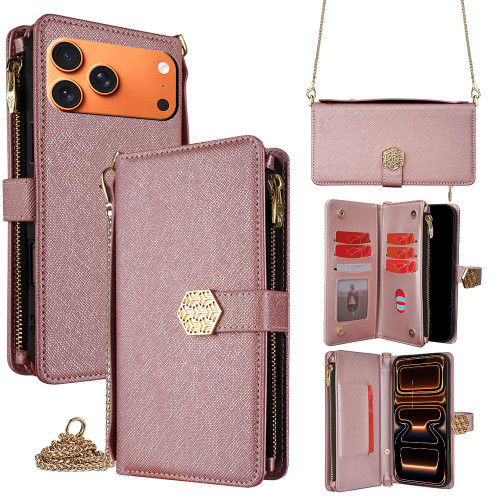 iPhone 17 Pro Max Crossbody Handle Cross Texture Leather Phone Case - Rose Gold