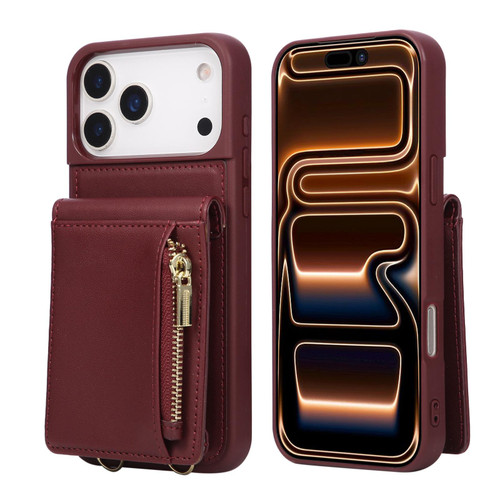 iPhone 17 Pro Max Crossbody Lanyard Zipper Wallet Leather Phone Case - Wine Red