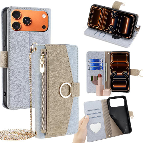 iPhone 17 Pro Max Crossbody Litchi Texture Leather Phone Case - Blue