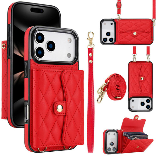 iPhone 17 Pro Max Crossbody Rhombic Horizontal Wallet Leather Phone Case - Red