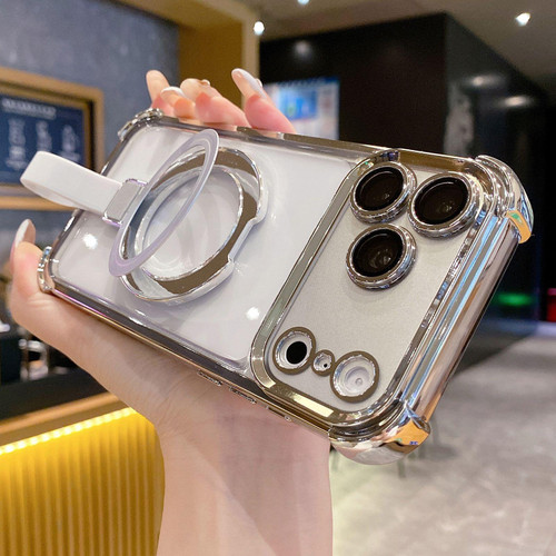 iPhone 17 Pro Max Crystal Shield Ring Holde TPU + Acrylic Magnetic Phone Case - Silver