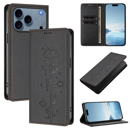 iPhone 17 Pro Max Cute Cats Embossed Magnetic RFID Vegan Leather Phone Case - Black