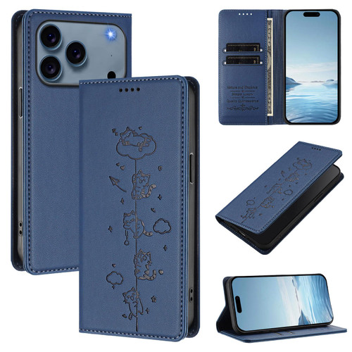 iPhone 17 Pro Max Cute Cats Embossed Magnetic RFID Vegan Leather Phone Case - Dark Blue
