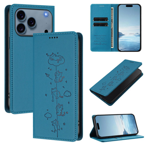 iPhone 17 Pro Max Cute Cats Embossed Magnetic RFID Vegan Leather Phone Case - Lake Blue