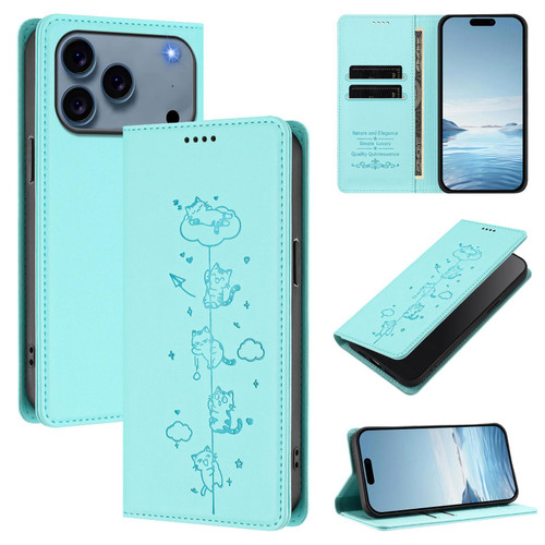 iPhone 17 Pro Max Cute Cats Embossed Magnetic RFID Vegan Leather Phone Case - Mint Green