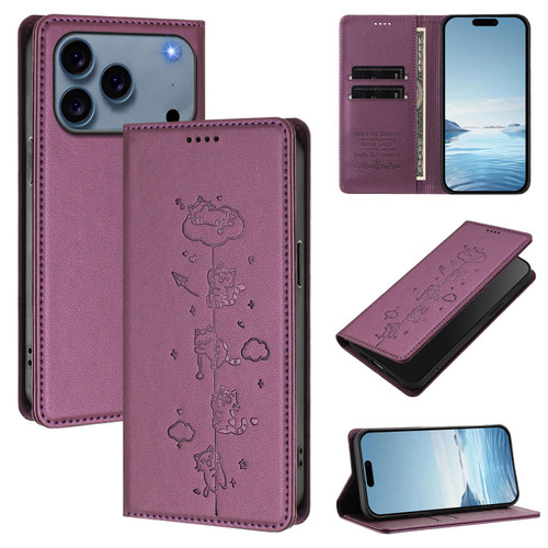 iPhone 17 Pro Max Cute Cats Embossed Magnetic RFID Vegan Leather Phone Case - Violet Purple