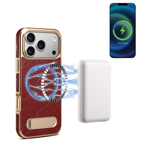 iPhone 17 Pro Max Denior A25 MagSafe Genuine Leather Phone Case with Holder - Red