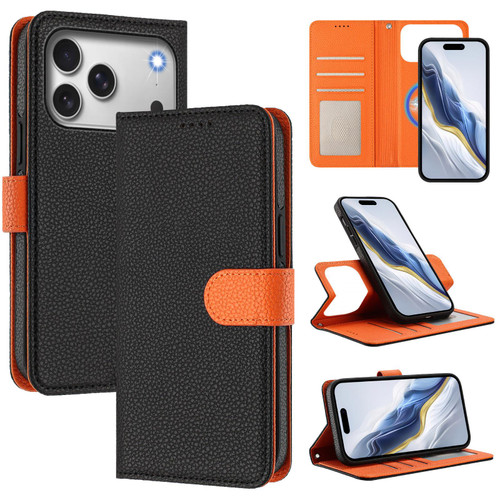 iPhone 17 Pro Max Detachable Litchi Texture Magnetic Side-Patch Vegan Leather Phone Case - Black Orange