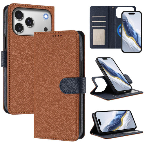 iPhone 17 Pro Max Detachable Litchi Texture Magnetic Side-Patch Vegan Leather Phone Case - Brown Dark Blue