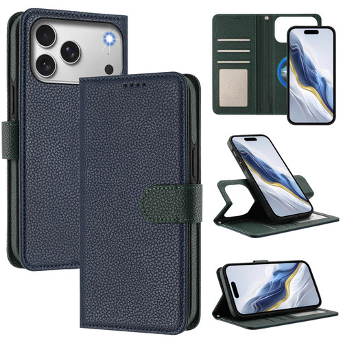 iPhone 17 Pro Max Detachable Litchi Texture Magnetic Side-Patch Vegan Leather Phone Case - Dark Blue Dark Green