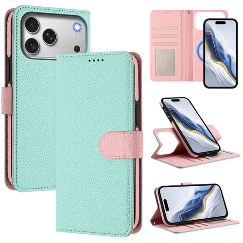 iPhone 17 Pro Max Detachable Litchi Texture Magnetic Side-Patch Vegan Leather Phone Case - Mint Green Pink