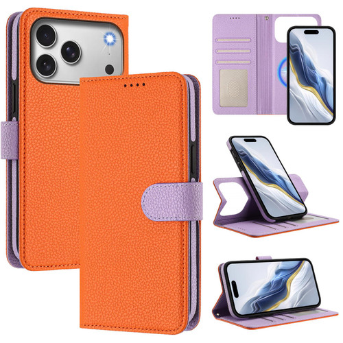 iPhone 17 Pro Max Detachable Litchi Texture Magnetic Side-Patch Vegan Leather Phone Case - Orange Purple