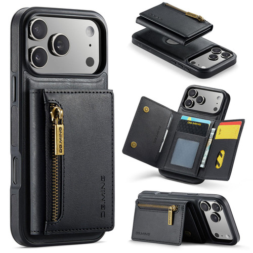 iPhone 17 Pro Max DG.MING M5 Series Zip RFID Multi Card Detachable Leather Phone Case - Black