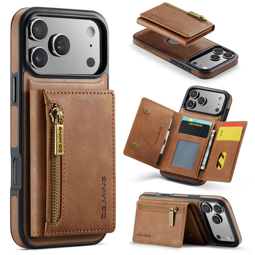 iPhone 17 Pro Max DG.MING M5 Series Zip RFID Multi Card Detachable Leather Phone Case - Brown