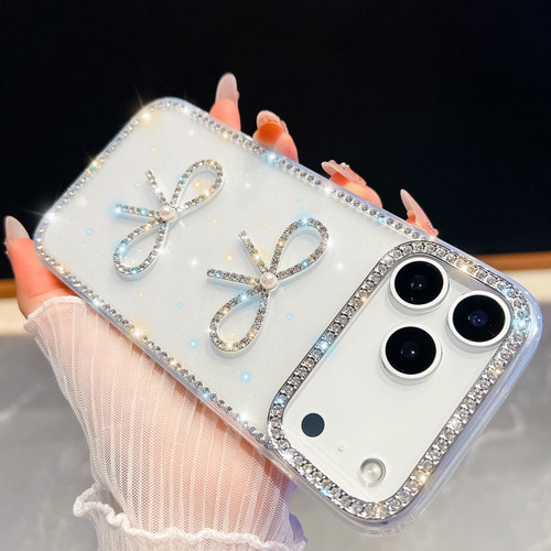 iPhone 17 Pro Max Diamond Glitter Dual Bow-knot Shockproof Phone Case - Transparent