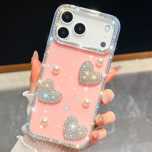 iPhone 17 Pro Max Diamond Glitter Pearl Heart Four-Corner Shockproof Phone Case - Light Pink