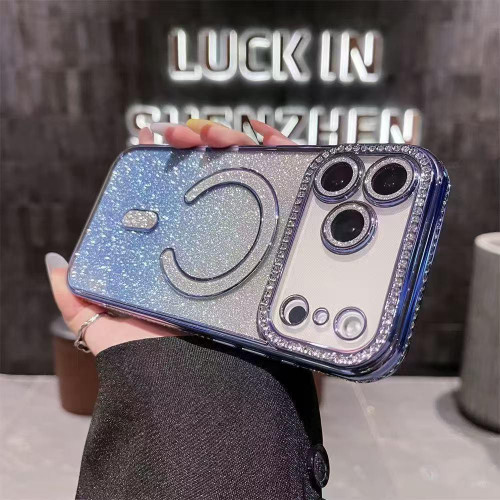 iPhone 17 Pro Max Diamond Gradient Glitter Plated MagSafe Phone Case - Blue