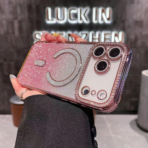 iPhone 17 Pro Max Diamond Gradient Glitter Plated MagSafe Phone Case - Pink