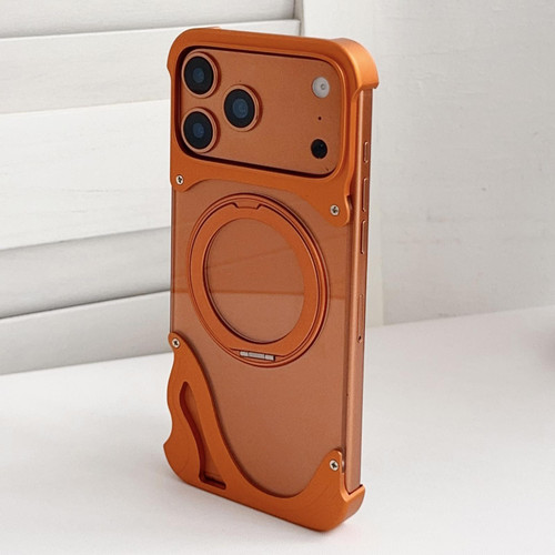 iPhone 17 Pro Max Dolphin Original Color Metal Frameless 360 Rotation Holder Magnetic Phone Case - Orange