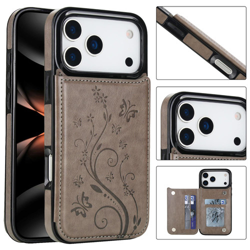iPhone 17 Pro Max Double Buckle Butterfly Embossing PU Phone Case - Grey