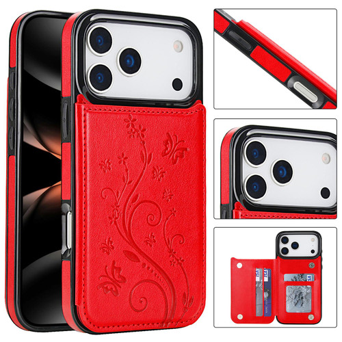 iPhone 17 Pro Max Double Buckle Butterfly Embossing PU Phone Case - Red