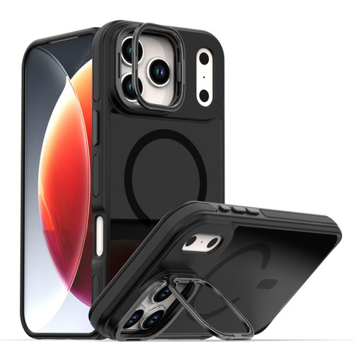 iPhone 17 Pro Max Dual-Color Skin Feel Magnetic Phone Case with Lens Frame Holder - Black