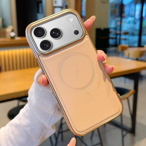 iPhone 17 Pro Max Electroplated PC Side Vegan Leather-Texture MagSafe Phone Case - Pink