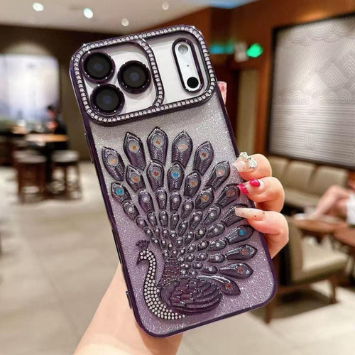 iPhone 17 Pro Max Electroplated TPU Peacock Relief Rhinestone Glitter Phone Case with Lens Film - Purple