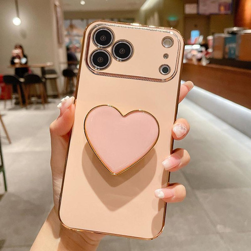 iPhone 17 Pro Max Electroplating Love Heart Holder TPU Phone Case - Pink