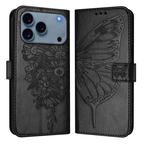 iPhone 17 Pro Max Embossed Butterfly Leather Phone Case - Black