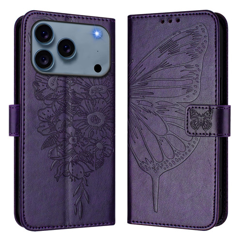 iPhone 17 Pro Max Embossed Butterfly Leather Phone Case - Dark Purple