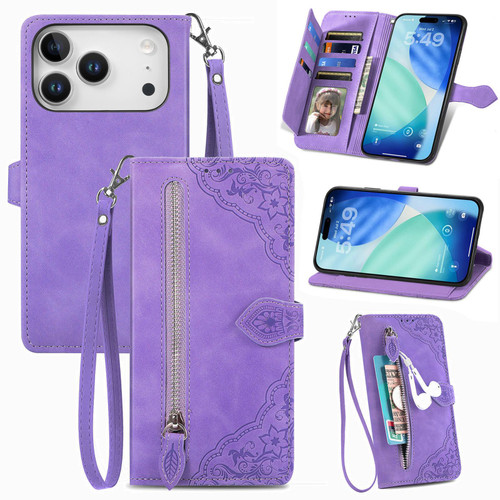 【プロフ】IPhone17pro フラワーキーチェーン付き iPhone 17 Pro Embossed Flower Zipper Leather Phone Case - Purple