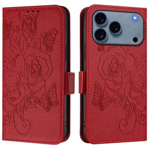 iPhone 17 Pro Max Embossed Rose RFID Anti-theft Leather Phone Case - Red