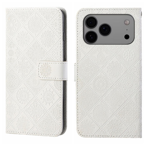 iPhone 17 Pro Max Ethnic Style Embossed Pattern Leather Phone Case - White