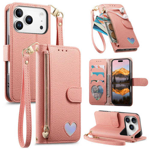 iPhone 17 Pro Max Fantasy Love Heart Zipper Wallet Vegan Leather Phone Case with Strap - Pink