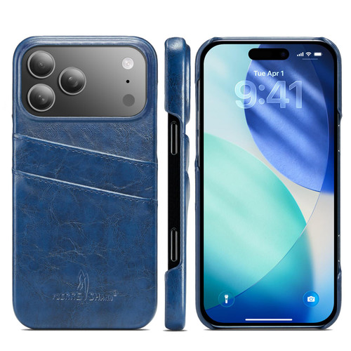 iPhone 17 Pro Max Fierre Shann Retro Oil Wax Texture Card Slots PU Leather Phone Case - Blue