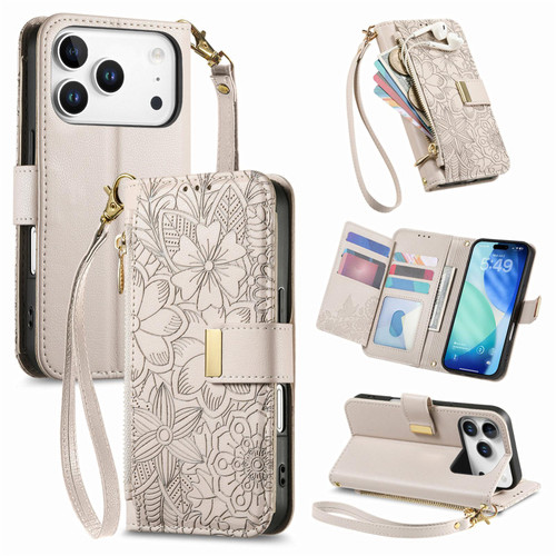 iPhone 17 Pro Max Flowers Leaves Zipper Wallet Leather Phone Case with Strap - Khaki