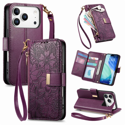 iPhone 17 Pro Max Flowers Leaves Zipper Wallet Leather Phone Case with Strap - Purple
