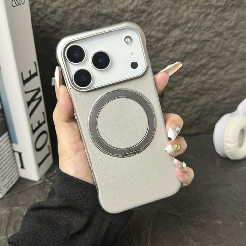 iPhone 17 Pro Max Frameless Leather-Skin PC MagSafe Holder Phone Case - Titanium gray