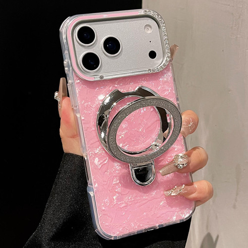 iPhone 17 Pro Max Gilded Colorful Shell Patterned TPU+IMD Phone Case with Glitter Magnetic Holder - Pink
