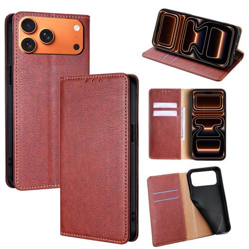 iPhone 17 Pro Max Gloss Oil Solid Color Magnetic Leather Phone Case - Brown