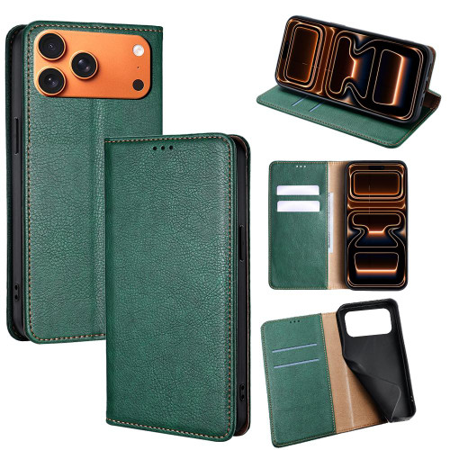 iPhone 17 Pro Max Gloss Oil Solid Color Magnetic Leather Phone Case - Green