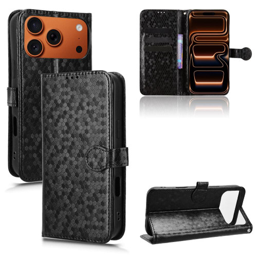 iPhone 17 Pro Max Honeycomb Dot Texture Leather Phone Case - Black