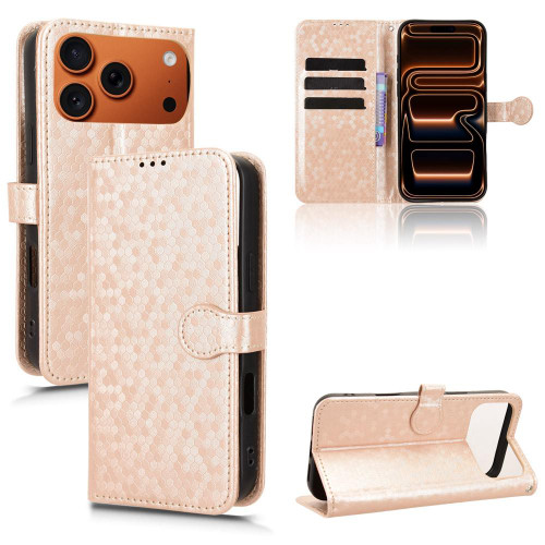 iPhone 17 Pro Max Honeycomb Dot Texture Leather Phone Case - Gold