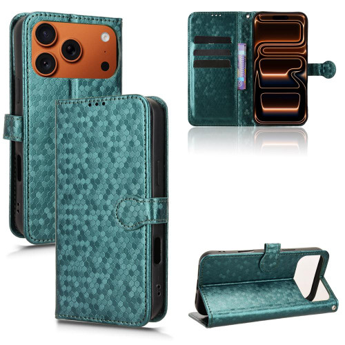 iPhone 17 Pro Max Honeycomb Dot Texture Leather Phone Case - Green